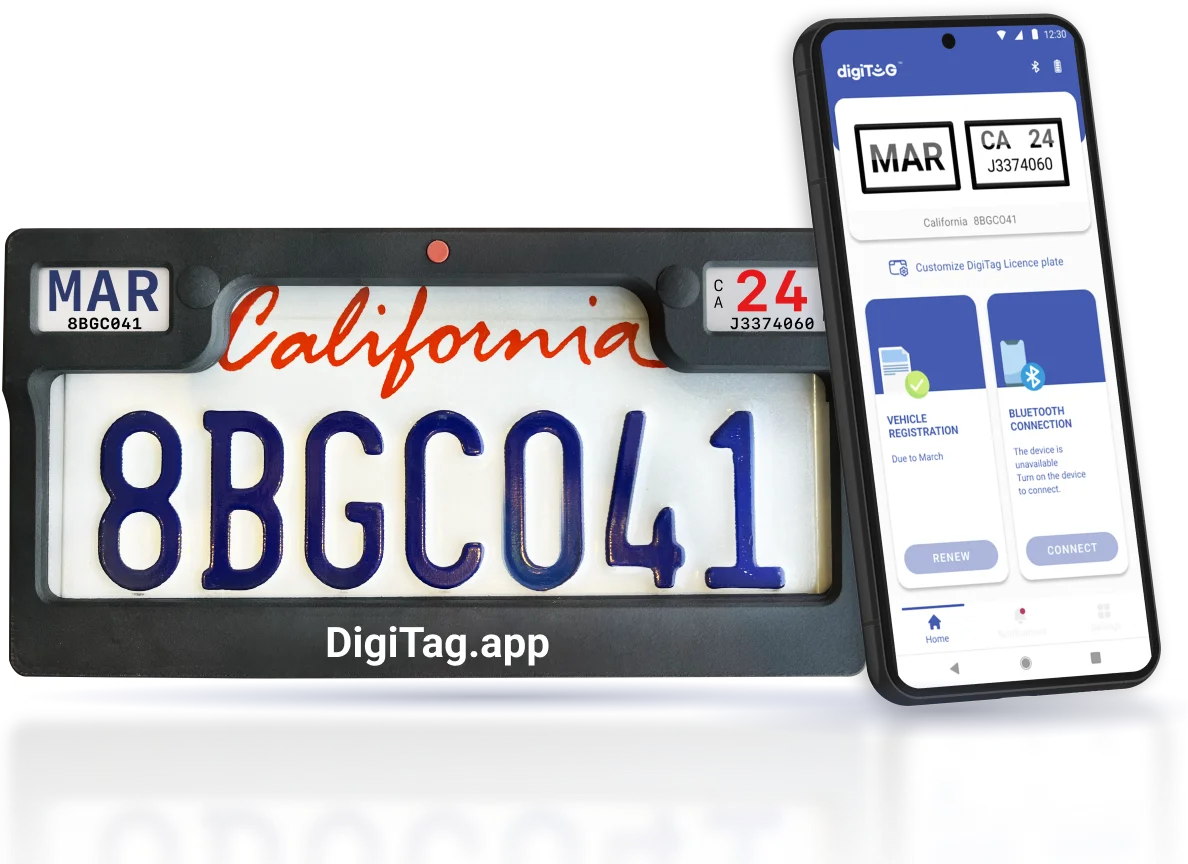 Left: License plate with DigiTag frame and digital registration display. Plate number is visible. Right: Mock-up of a mobile phone displaying the DigiTag app user interface.